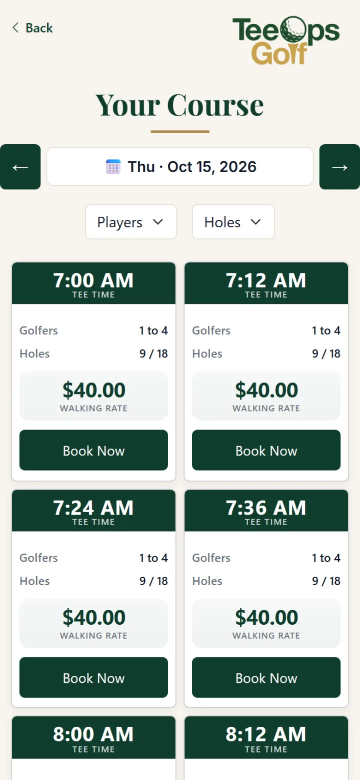 The golfer booking page on a phone, listing available tee times with prices