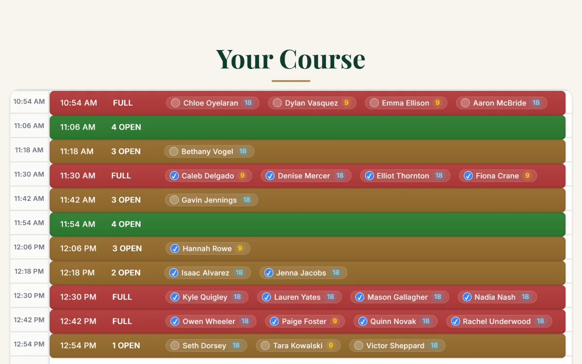 A morning on the TeeOps tee sheet, with booked, paid and open tee times at a glance