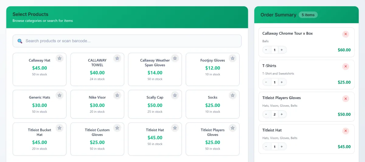 Pro shop checkout in TeeOps with items in the cart