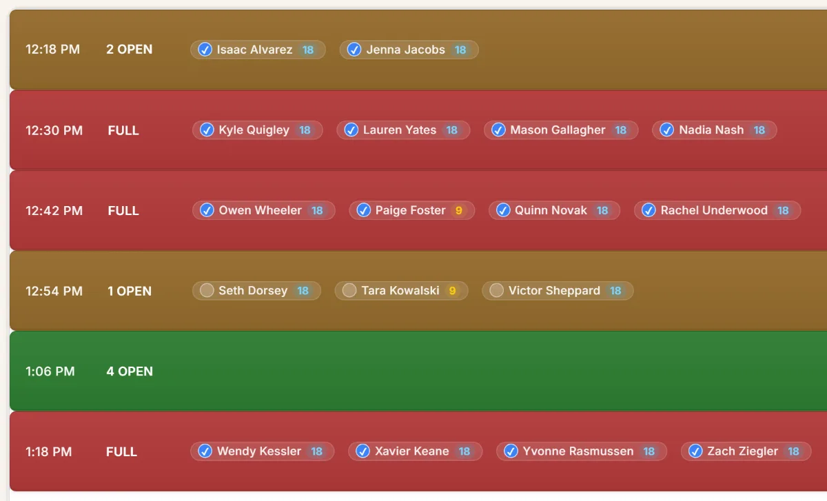 Tee times on the TeeOps tee sheet, showing who is booked and who has paid